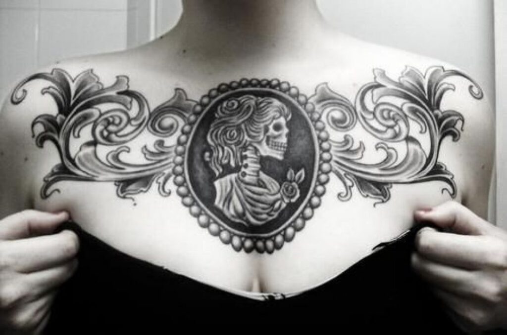 girl chest piece tattoos